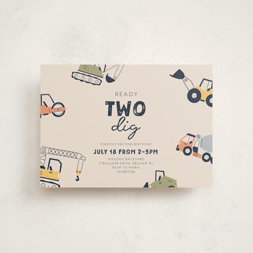 This is a mint petite kids birthday invitations with standard by Britt called ready two dig printing on signature in petite