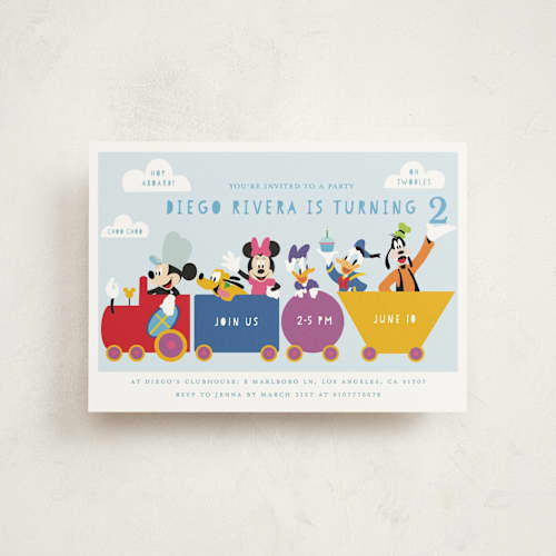 This is a sky petite kids birthday invitations with standard by Madhvi Samimi called disney mickey & friends birthday train printing on signature in petite