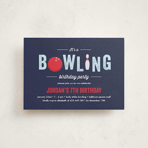 This is a blue slate petite kids birthday invitations with standard by Anupama called bowling birthday party printing on signature in petite