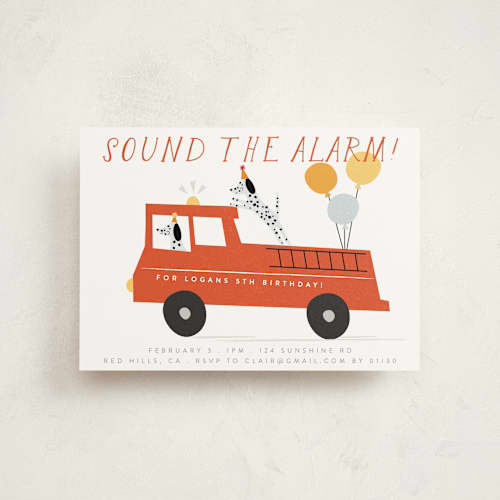 This is a dalmatian petite kids birthday invitations with standard by Angela Thompson called sound the alarm! printing on signature in petite