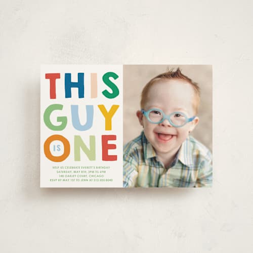 This is a spectrum kids birthday invitations with standard by Baumbirdy called this guy printing on signature in postcard