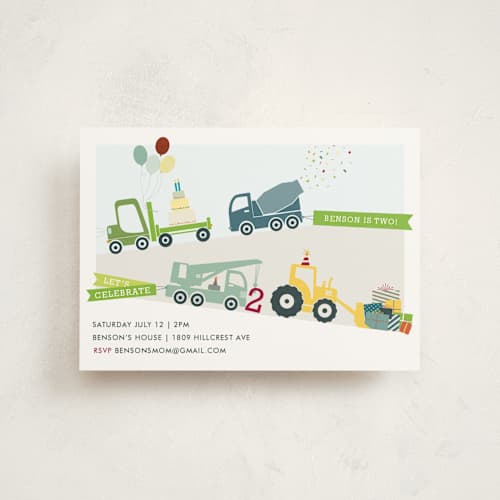 This is a grass kids birthday invitations with standard by Rebecca Bowen called trucks on parade printing on signature in postcard
