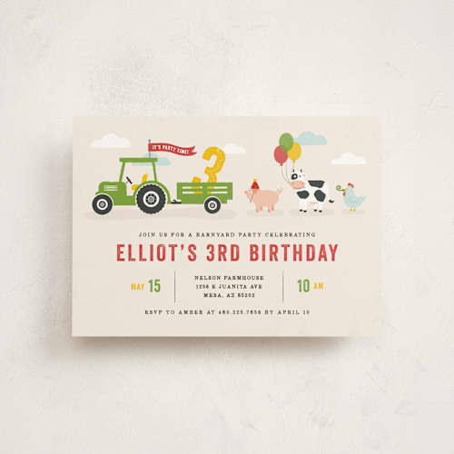 This is a cream kids birthday invitations with standard by Michelle Taylor called party parade printing on signature in postcard