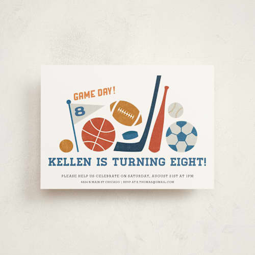 This is a navy kids birthday invitations with standard by Jessie Steury called game day printing on signature in postcard