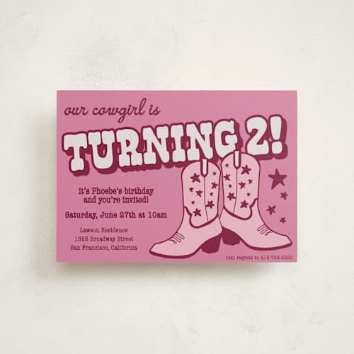 This is a cotton candy kids birthday invitations with standard by Wendy Taylor called little cowgirl printing on signature in postcard