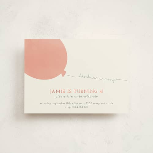 This is a coral kids birthday invitations with standard by Brianne Larsen called simple balloon printing on signature in postcard