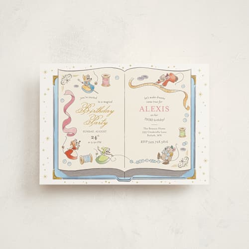 This is a teal kids birthday invitations with standard by Three Wings North called cinderella storybook birthday printing on signature in postcard