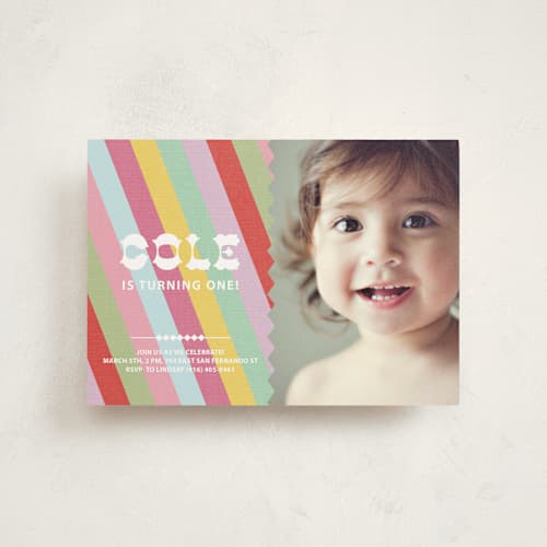 This is a rainbow kids birthday invitations with standard by SimpleTe Design called circus stripes printing on signature in postcard