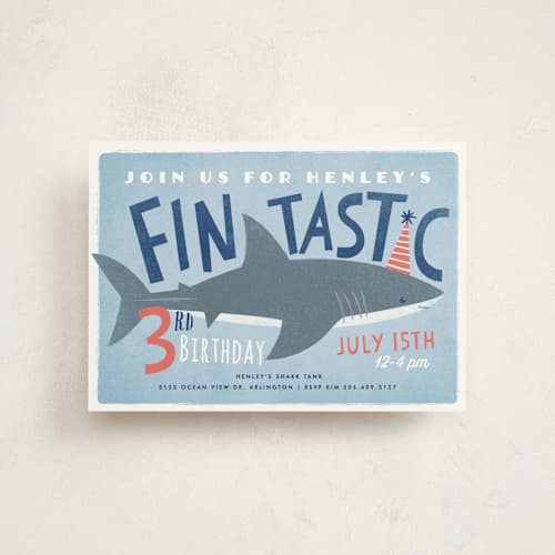 This is a sky kids birthday invitations with standard by Karidy Walker called shark tank printing on signature in postcard