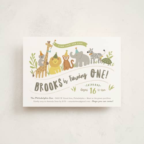This is a pear kids birthday invitations with standard by Jennifer Wick called animals on parade printing on signature in postcard