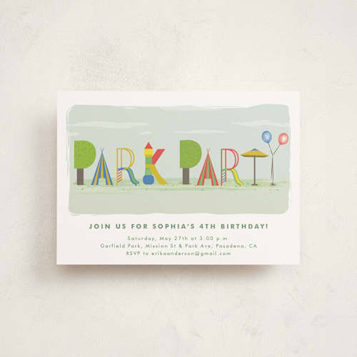 This is a carnival kids birthday invitations with standard by Tatiana Nogueiras called park party printing on signature in postcard
