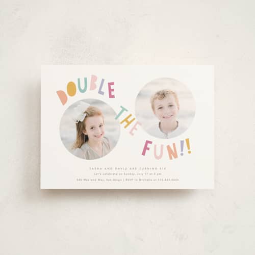 This is a sherbet kids birthday invitations with standard by Creo Study called double the fun printing on signature in postcard