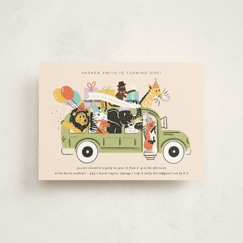 This is a sour apple kids birthday invitations with standard by Shiny Penny Studio called birthday bus printing on signature in postcard
