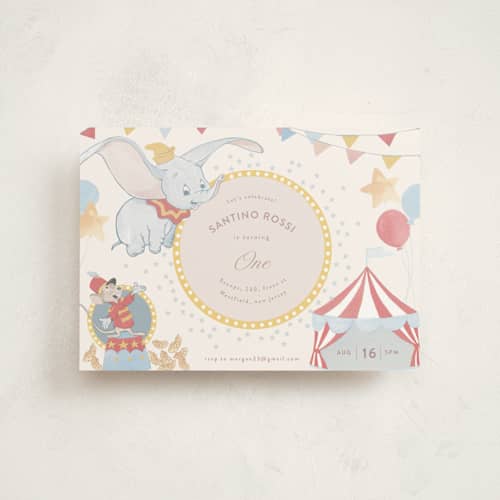 This is a sugar kids birthday invitations with standard by Teju Reval called disney's dumbo printing on signature in postcard