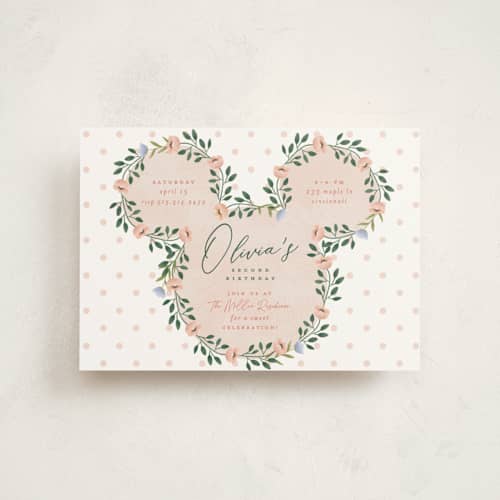 This is a clementine kids birthday invitations with standard by Susan Zinader called disney's minnie wildflower printing on signature in postcard