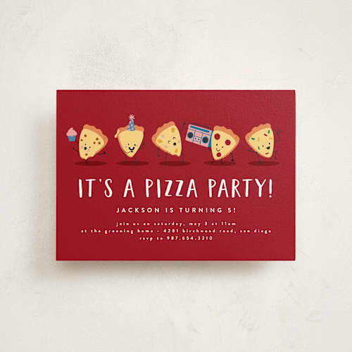 This is a tomato kids birthday invitations with standard by Katie Zimpel called it's a pizza party printing on signature in postcard