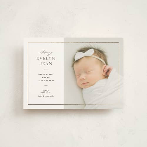 This is a pearl birth announcement postcards with foil pressed by Pixel and Hank called sweetheart printing on signature in postcard