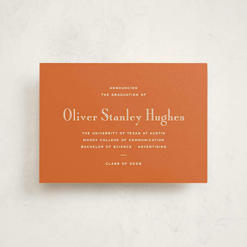 This is a burnt orange graduation announcements with standard by Megan Davis called campus printing on signature in petite