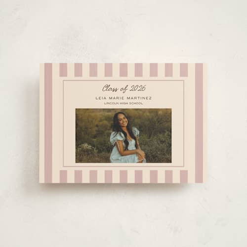This is a blush graduation announcements with standard by Ani Somi called grad stripes printing on signature in petite