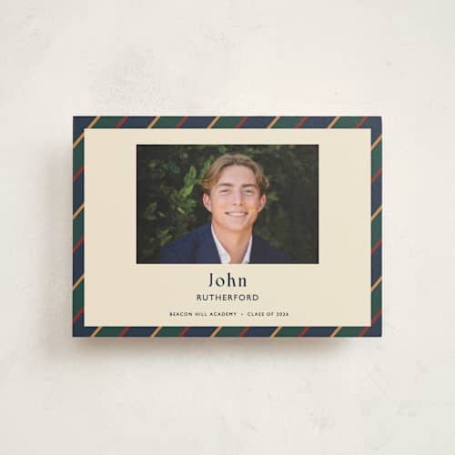 This is a navy graduation announcements with standard by Sarah Rosenthal called belmont printing on signature in petite