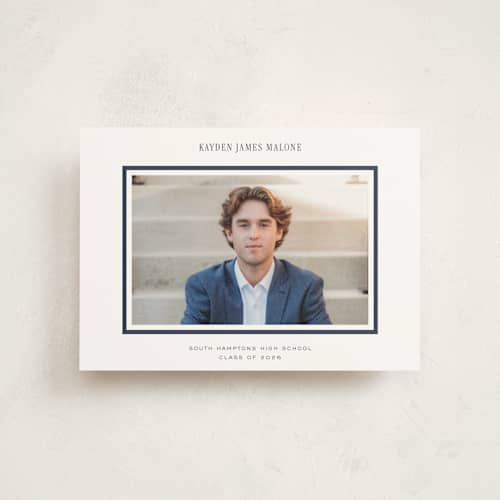 This is a navy graduation announcements with standard by Jennifer Wick called collegiate line printing on signature in postcard