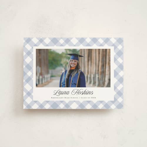 This is a powder graduation announcements with standard by Kampai Designs called gingham printing on signature in postcard