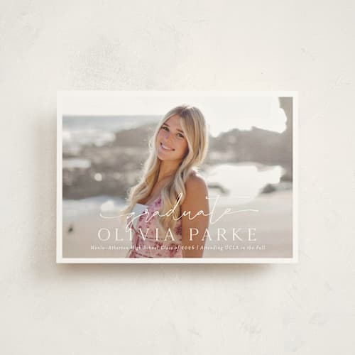 This is a snow graduation announcements with standard by Sarah Curry called graduate script printing on signature in postcard