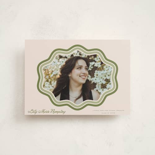 This is a matcha graduation announcements with standard by Melanie Kosuge called scalloped printing on signature in postcard