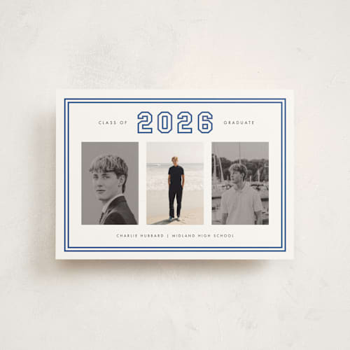 This is a royal graduation announcements with standard by Stacey Meacham called letterman printing on signature in postcard