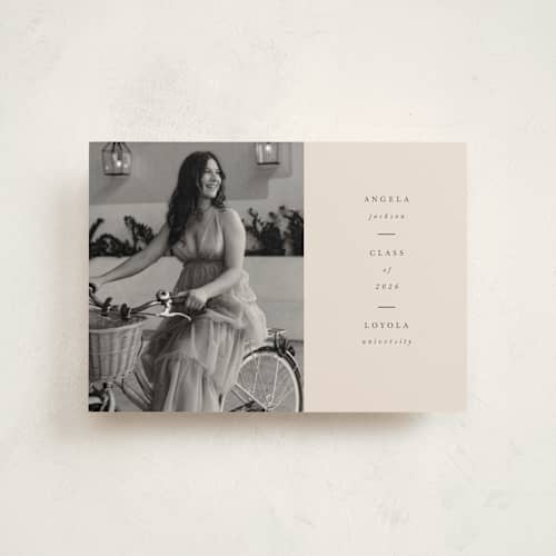 This is a champagne graduation announcements with standard by lori jacobs wemple called simplicty printing on signature in postcard