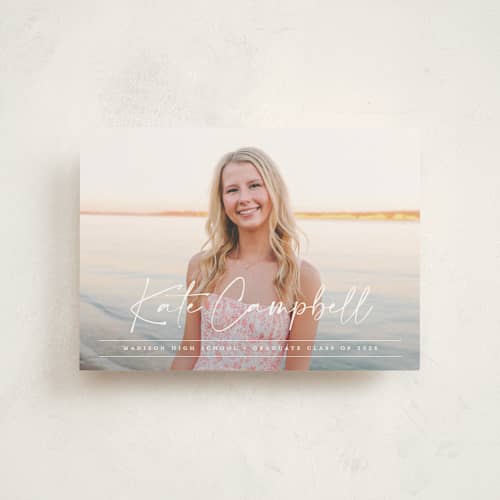 This is a linen graduation announcements with standard by Erica Krystek called signature grad printing on signature in postcard
