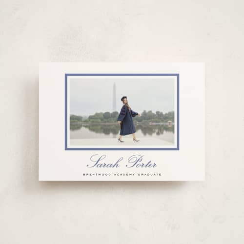 This is a indigo graduation announcements with standard by Sara Hicks Malone called longwood printing on signature in postcard