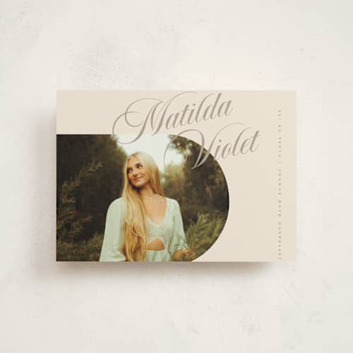 This is a almond graduation announcements with standard by Morgan Kendall called modern curves printing on signature in postcard