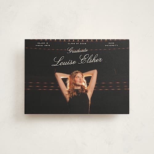 This is a champagne graduation announcements with standard by Pati Cascino called teather printing on signature in postcard