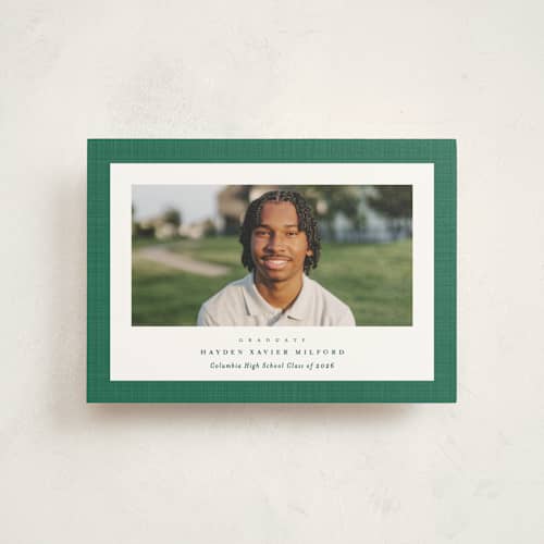 This is a shamrock graduation announcements with standard by Lea Delaveris called linen frame printing on signature in postcard
