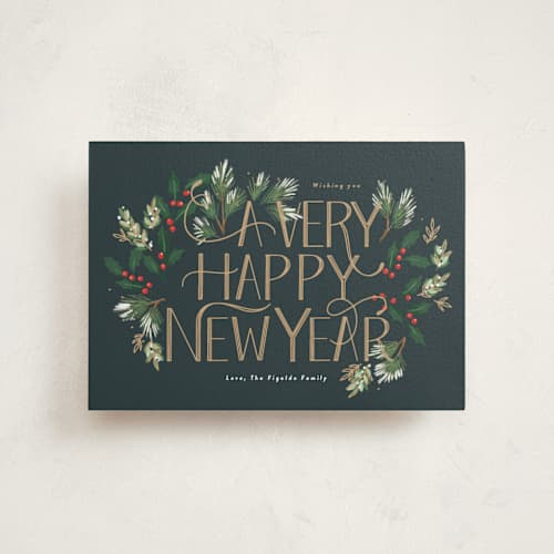 This is a wreath petite holiday cards with standard by Rebecca Durflinger called a very merry christmas botanicals printing on signature in petite