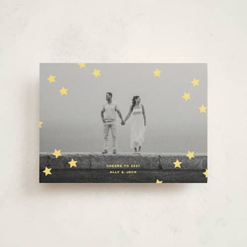 This is a citrus petite holiday cards with standard by Ellen Schlegelmilch called spangled printing on signature in petite