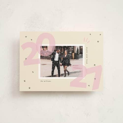 This is a blush petite holiday cards with standard by Ashley Iwafuchi called bold beginning printing on signature in petite