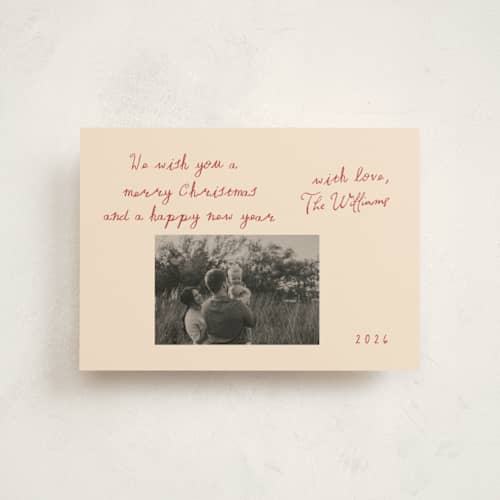 This is a burgundy petite holiday cards with standard by Rina Ozum called vintage card photo printing on signature in petite