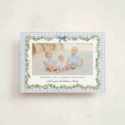 This is a chambray petite holiday cards with standard by Sarah Knight called gingham garland printing on signature in petite