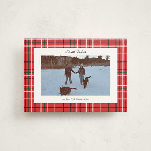 This is a poinsettia petite holiday cards with standard by Emily Sabol Goss called retro plaid printing on signature in petite