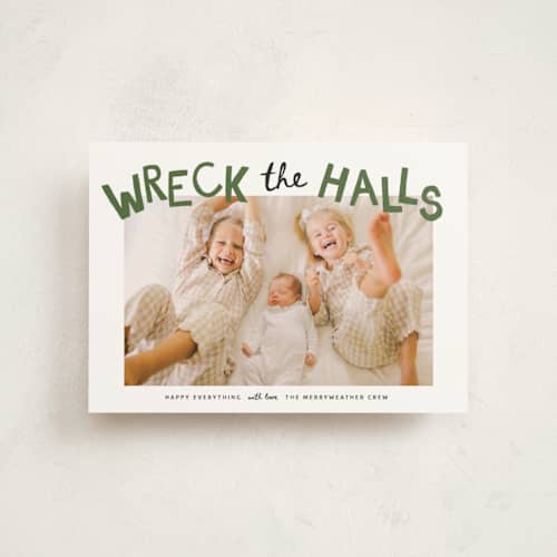 This is a tree farm christmas postcards with standard by Kamala Nahas called wreck the halls with boughs of jolly printing on signature in postcard