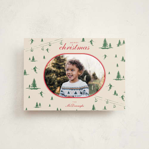 This is a sage christmas postcards with standard by Jen Ramsey called ski time printing on signature in postcard