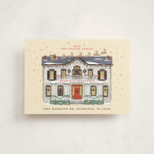 This is a santa christmas postcards with standard by Becky Nimoy called colonial home printing on signature in postcard
