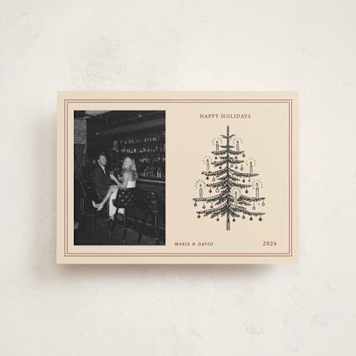 This is a maroon christmas postcards with standard by Rina Ozum called vintage christmas printing on signature in postcard