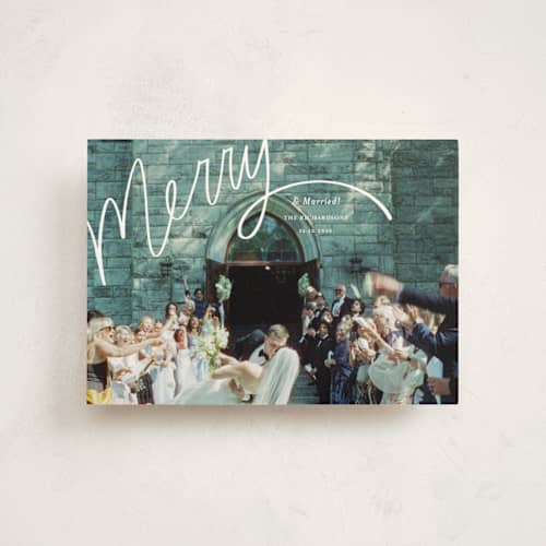 This is a wedding cake christmas postcards with standard by Becky Nimoy called merry hand lettered script printing on signature in postcard