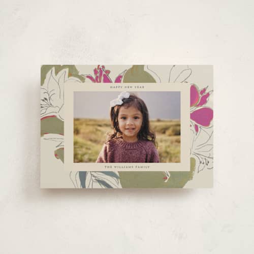 This is a magenta christmas postcards with standard by Lise Gulassa called holiday lily printing on signature in postcard