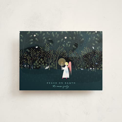 This is a midnight christmas postcards with standard by Eve Schultz called tapestry printing on signature in postcard