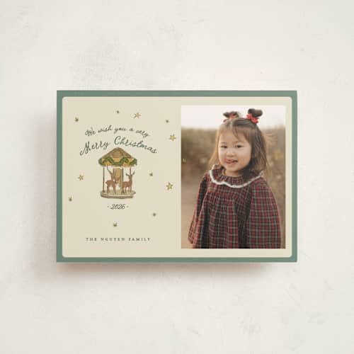 This is a pine christmas postcards with standard by Bailamor Design by CM called carousel printing on signature in postcard