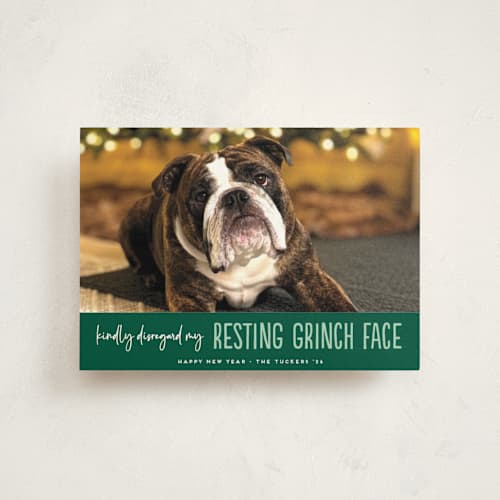 This is a noble fir christmas postcards with standard by Erica Krystek called grinch face printing on signature in postcard